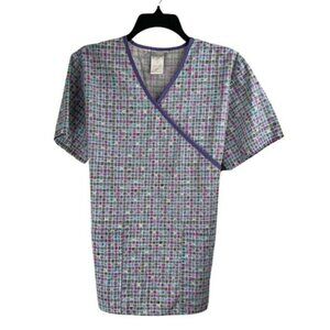 Women's SB Scrubs Purple Multi-color Blocks Size Small Tie Back Cotton Blend